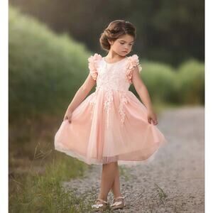 Trish Scully Size 7 Bianca Gown Satin Dress Tulle Lace 3D Floral Peachy Pink